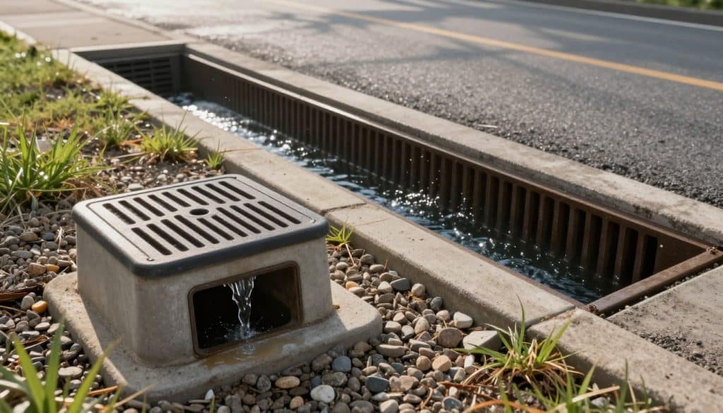 A detailed, comparative illustration showcasing a catch basin and a storm drain side by side. In the foreground, prominently display a catch basin with its grated top, showing the inlet where water flows in. Surround it with gravel and some grass to indicate its installation in a natural setting. In the middle ground, illustrate a storm drain set into a concrete roadway, with rainwater pooling around it to emphasize its drainage function. In the background, depict a cityscape with overcast skies and soft morning light, casting gentle shadows on both drainage structures. Aim for a realistic, informative mood, focusing on the functionality and design of each element, ensuring clarity and educational value without any text or human figures.