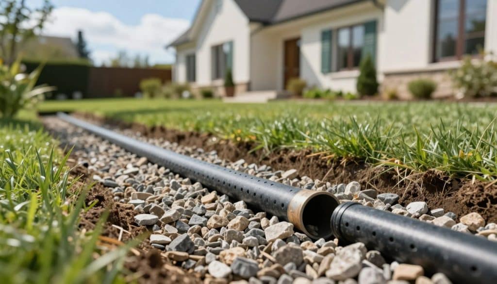 A detailed illustration of a French drain system in a residential setting, foreground showcasing a freshly installed gravel bed and perforated drainage pipe, capturing the intricacies of the design. In the middle ground, lush green landscaping surrounds the drain, emphasizing water flow away from the foundation of a charming home. The background features a clear blue sky and soft clouds, enhancing the serene mood of effective drainage. Soft, natural lighting filters through the scene, highlighting the textures of the gravel and soil. Shot from a low angle to emphasize the draining mechanism's functionality, the image conveys a sense of efficiency and professionalism, ideal for readers seeking to understand how French drains work to manage water effectively.
