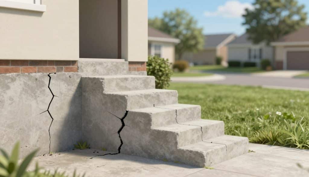 A detailed illustration of various types of foundation cracks in a residential building. In the foreground, clearly visible are four distinct cracks: vertical, horizontal, stair-step, and shrinkage cracks, each labeled subtly with arrows indicating their type. The middle ground features a partially visible foundation wall with exposed concrete, showcasing texture and wear. The background presents a blurred suburban setting, with a well-maintained lawn and a bright blue sky, suggesting a peaceful neighborhood. The lighting is natural, casting soft shadows that enhance the details of the cracks. The composition is captured at a slightly angled perspective to add depth, creating an informative yet engaging atmosphere.