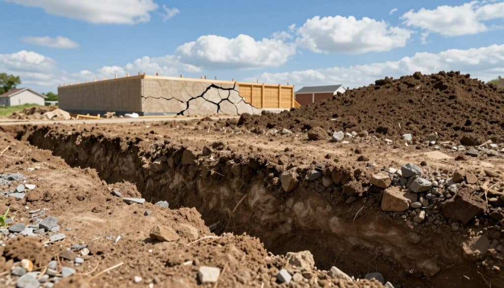 A detailed suburban landscape featuring a freshly dug drainage trench in the foreground, revealing layers of soil and gravel. The middle ground showcases a house foundation with visible cracks, accompanied by grading slopes and carefully arranged soil to promote water flow away from the foundation. In the background, a clear blue sky is complemented by scattered clouds, creating an inviting atmosphere. The lighting is bright and natural, casting soft shadows to emphasize the textures of the soil and the cracks. The image captures a sense of urgency in home maintenance, highlighting the importance of effective drainage solutions for foundation stability.