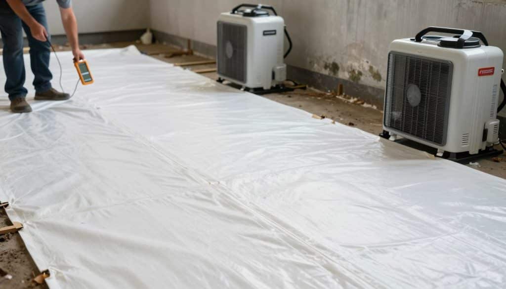 A detailed view of a crawl space encapsulation installation. In the foreground, show a clean, bright white vapor barrier covering the ground, with seams neatly taped, ensuring no moisture seeps through. To the left, include a technician in professional attire examining the encapsulated area with a digital moisture meter, illustrating the importance of monitoring moisture levels. In the middle, depict sturdy dehumidifiers strategically placed to manage humidity, with condensation visible on the units, suggesting their function. In the background, faintly highlight foundation walls where visible dampness and potential mold growth are present, highlighting risks that encapsulation may not fully resolve. Use soft, diffused lighting to create an informative and serious atmosphere, emphasizing the significance of proper moisture management. The angle should be slightly elevated to capture the full scope of the crawl space.