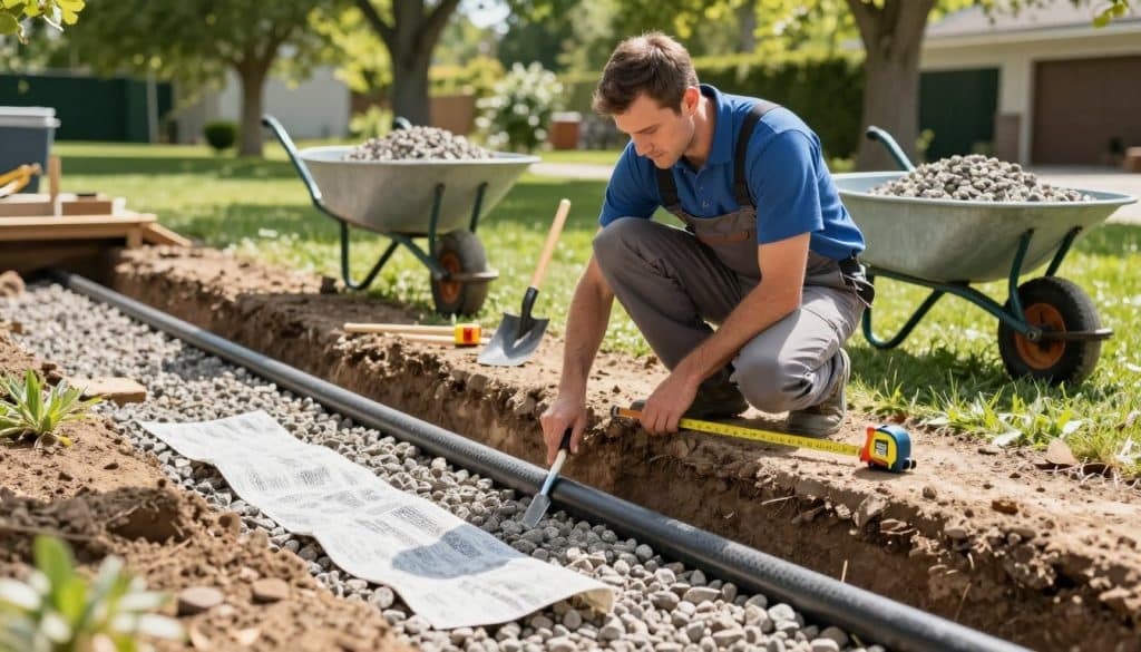 A knowledgeable contractor in a professional attire, focused on the installation of a French drain, crouching beside an excavated trench filled with coarse gravel. The foreground showcases a section of the trench with layers of gravel, perforated drainage pipe, and landscape fabric neatly laid out. In the middle ground, tools like a shovel and measuring tape are strategically placed, while a small wheelbarrow stands nearby filled with additional gravel. The background displays a lush green lawn and mature trees, with bright, natural sunlight filtering through the leaves, casting soft shadows on the scene. The overall atmosphere is one of dedication and expertise, highlighting the meticulous process of installing a French drain system with a focus on proper materials and technique.