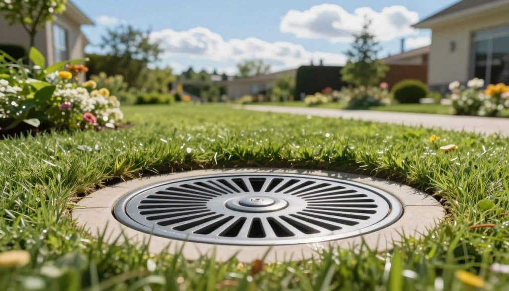 A well-designed catch basin situated in a landscaped yard, demonstrating its crucial role in drainage. In the foreground, the catch basin features a sturdy grate and a sleek, modern design, surrounded by lush green grass and flower beds to indicate a residential area. In the middle ground, gently sloping terrain leads down to the basin, showcasing the path of water flow towards it. In the background, a clear blue sky with a few fluffy clouds represents a sunny day, enhancing the peaceful atmosphere. The scene is illuminated with natural sunlight, casting soft shadows that highlight the basin's structure. The visual composition emphasizes the importance of strategic placement to prevent flooding, capturing both functionality and aesthetic appeal.