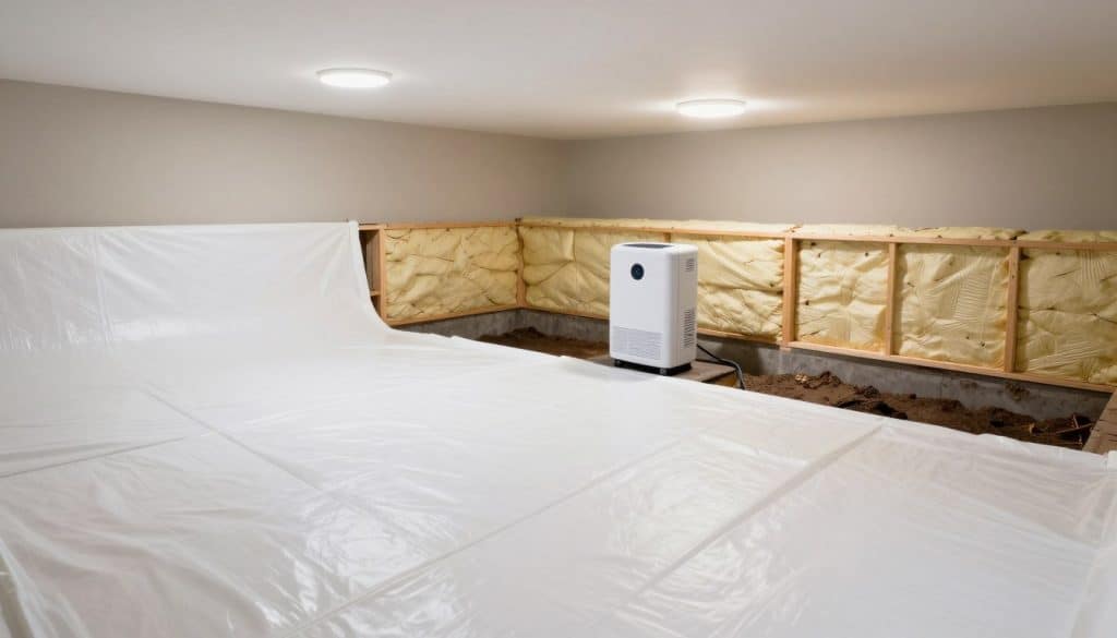 A well-illustrated crawl space with encapsulation, showcasing a clean and dry environment. In the foreground, a smooth white vapor barrier covers the ground, extending up the walls. In the middle, there are insulated foundation walls, highlighting energy efficiency, with a dehumidifier placed prominently to the side. In the background, soft overhead lighting illuminates the space, creating a bright and inviting atmosphere, emphasizing the contrast between the encapsulated area and the dark, humid usual appearance of crawl spaces. The angle is slightly low to capture the depth of the area, with a focus on the neat, organized layout. The mood is fresh and optimistic, hinting at increased home comfort and value.