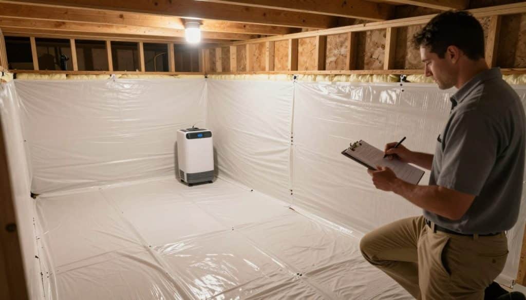 A well-lit crawl space encapsulation showcasing a clean, humid-resistant barrier on the ground and walls. In the foreground, a professional inspecting the encapsulated area, dressed in a collared shirt and khakis, using a clipboard for notes. The middle ground features neatly sealed seams and insulation, with a dehumidifier positioned carefully in the corner. The background reveals exposed joists overhead and foundational walls, emphasizing the transformation of the space. Soft overhead lighting creates a warm and inviting atmosphere, highlighting the contrast between the encapsulated area and the natural earth outside. The angle is slightly low, capturing the depth of the crawl space while maintaining a sense of professionalism and clarity in the image composition.