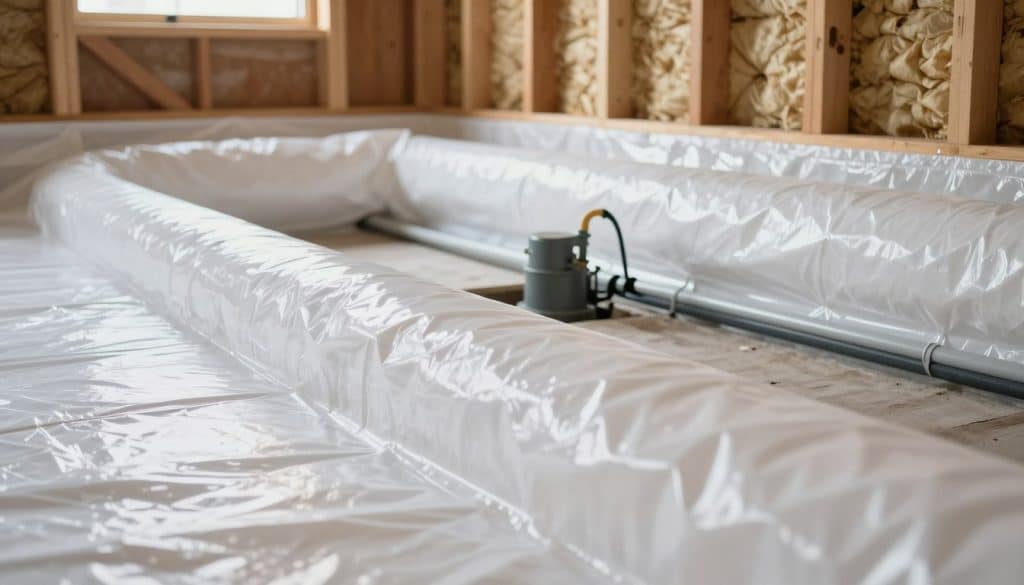 A bright, clean vapor barrier crawl space, showcasing the encapsulation process. In the foreground, there’s a shiny, white plastic vapor barrier neatly sealed along the foundation walls and floor, reflecting light. The middle ground features drainage pipes and a sump pump, essential components for moisture control. In the background, exposed wooden beams and insulation are visible, highlighting the structural integrity of the space. Soft, diffused lighting filters in from above, creating a bright and inviting atmosphere. The camera is angled low to capture the depth of the crawl space, emphasizing the layers of materials crucial for a long-lasting encapsulation system. The overall mood is professional and industrious, perfect for illustrating advanced building techniques.