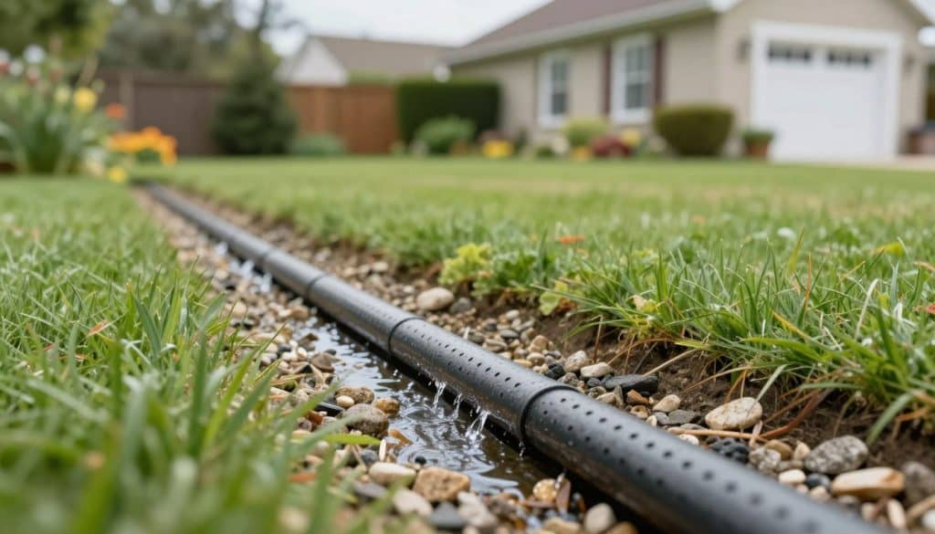 A close-up view of a French drain system in action, showcasing the intricate details of the perforated pipe embedded in gravel, set within a lush green lawn. In the foreground, water flows gently through the gravel, highlighting the effective movement of water away from the house's foundation. The middle ground features a well-maintained garden with colorful plants, emphasizing the importance of drainage in landscape aesthetics. The background includes a serene suburban house, illustrating the residential context of French drainage. Soft natural lighting illuminates the scene, creating a peaceful atmosphere, while a shallow depth of field focuses on the drain, blurring the background slightly. Overall, the image conveys a sense of harmony between effective water management and a beautiful backyard environment.