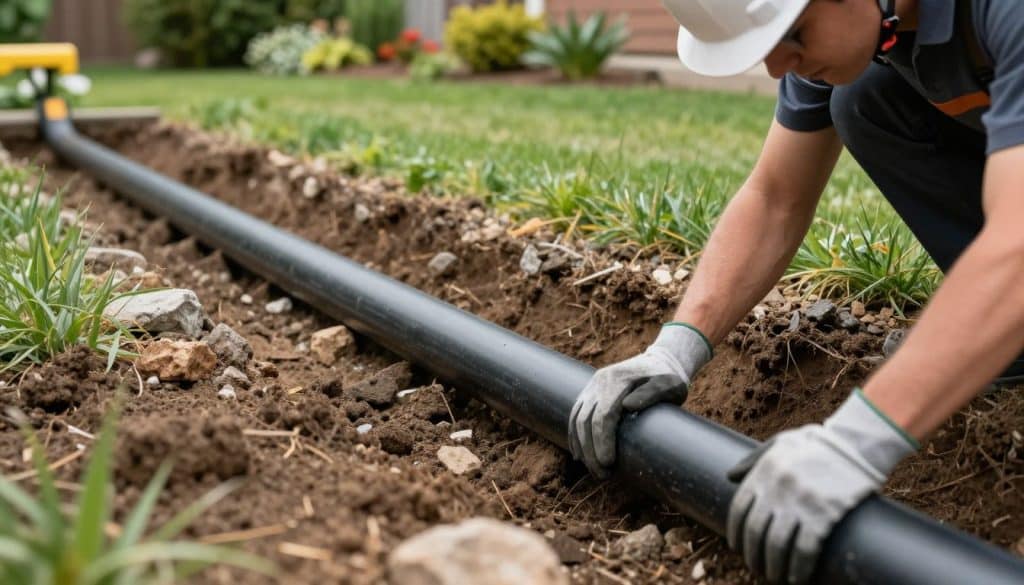 A close-up view of a professional landscaper installing a drainage pipe system in a backyard setting. In the foreground, the landscaper, wearing a hard hat and gloves, carefully positions a sturdy black drainage pipe into a trench, surrounded by rich, dark soil and small rocks. The middle layer showcases the trench, lined with gravel and the drainage pipe, illustrating the proper installation method. In the background, a well-maintained lawn features healthy green grass and ornamental plants. Soft natural lighting illuminates the scene, creating a warm and inviting atmosphere. A low-angle perspective captures the action, emphasizing the importance of correct pipe placement for long-lasting yard drainage solutions. The overall mood is focused and professional, highlighting the technical nature of the installation process.