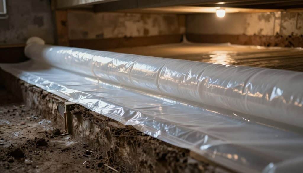 A detailed close-up of a vapor barrier installed in a crawl space, showcasing its glossy, translucent surface reflecting ambient light. In the foreground, sturdy foundation walls are visible, damp earth contrasting with the smooth plastic of the barrier. In the middle ground, highlight the vapor barrier's seamless installation; the material is rolled out with no gaps, emphasizing cleanliness and efficiency. The background features the low ceiling of the crawl space, dimly lit with soft, warm light, creating a secure and dry atmosphere. Angled slightly from above to capture the entire installation, this image conveys a sense of professionalism and practicality, ideal for illustrating the concept of a vapor barrier in contrast to crawl space encapsulation.