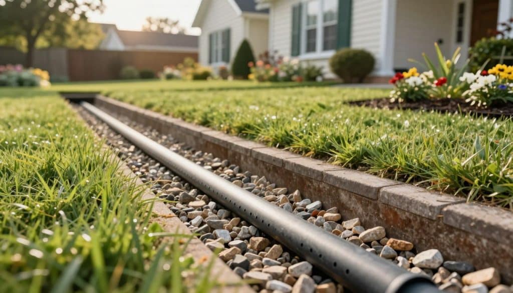 A detailed illustration of a French drain system in an outdoor residential setting. In the foreground, showcase a close-up of the trench filled with gravel and a perforated pipe, emphasizing the drainage concept. In the middle ground, depict the surrounding landscape, including lush green grass and landscaped flower beds, demonstrating how the French drain blends seamlessly into the yard. In the background, visible sections of a house with a well-maintained facade enhance the domestic atmosphere. Use soft afternoon sunlight filtering through trees to create a warm and inviting mood, while maintaining a clear, focused composition. Aim for a realistic style, capturing the functionality of the drainage system in harmony with the homeowner's property.