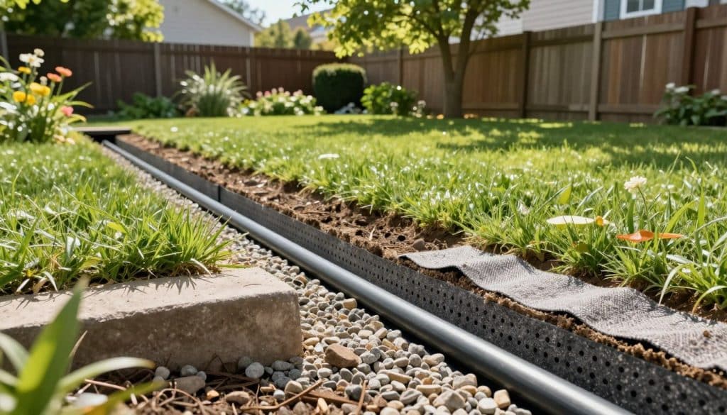 A detailed illustration of a French drain system, set in a suburban backyard during daylight. In the foreground, show a cross-section of the French drain featuring gravel, perforated piping, and a layer of landscaping fabric. In the middle ground, depict lush green grass, flowers, and a small slope leading down to the drain's installation site. In the background, include a wooden fence and trees, with sunlight filtering through the leaves, creating dappled patterns on the ground. Use a slightly elevated angle to showcase the layout and components of the French drain clearly. The mood should be informative and serene, emphasizing the functionality and aesthetics of proper drainage. Ensure the image is clean and professional without any text or markings.