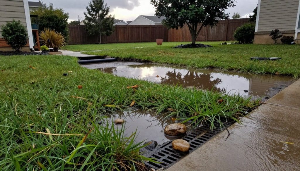 A detailed residential backyard scene depicting yard drainage issues. In the foreground, showcase a close-up of a flooded patch of grass, with standing water pooling around small rocks and a drainage grate partially visible. The middle ground features a sloped yard with an exposed drainage pipe and a large puddle reflecting the shape of nearby trees. In the background, a cloudy sky with a hint of sunlight peeking through creates a moody atmosphere, indicating recent rainfall. Ensure the colors are rich but subdued, emphasizing the dampness of the environment. Capture the scene with a slightly elevated angle, simulating the perspective of a homeowner assessing the drainage problem. The overall mood should evoke concern over property maintenance, conveying the impact of poor drainage on residential landscapes.