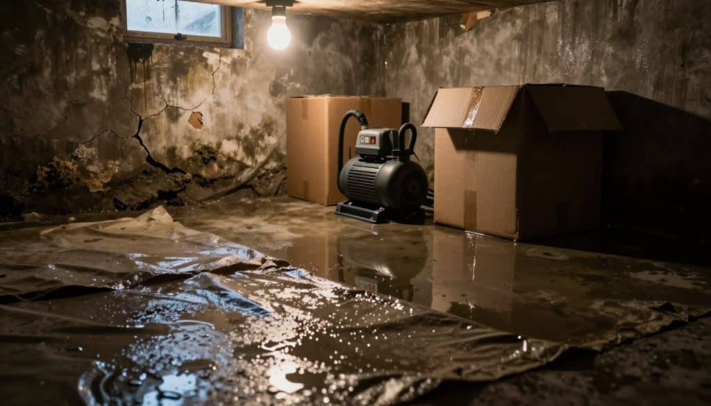 A dimly lit basement with water pooling on the concrete floor, reflecting the flickering light from a single overhead bulb. In the foreground, a tarpaulin is spread out, soaked from the moisture, with water droplets glistening in the light. In the middle ground, a sump pump sits idle, surrounded by cardboard boxes that are slightly water-damaged, emphasizing the severity of the situation. The background reveals a cracked foundation wall with traces of mold, and a small window allowing faint, gloomy daylight to enter, creating a somber atmosphere. The overall mood is one of urgency and concern, depicting the consequences of poor drainage. The lens angle is slightly low, capturing the depth of the water accumulation and the stark reality of basement flooding.