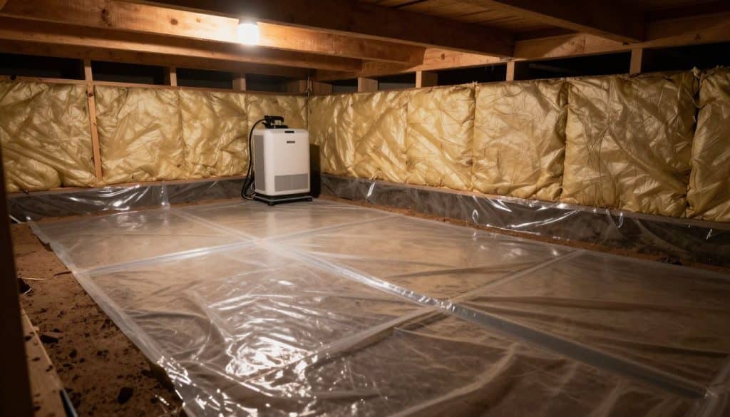 A dimly lit crawl space under a house, showcasing the intricate details of a well-maintained encapsulation project. In the foreground, features clear plastic sheeting covering the ground, neatly sealed edges, and a drainage system with visible tubing. In the middle ground, view insulation panels lining the walls, and a dehumidifier positioned strategically to control moisture levels. The background reveals exposed wooden beams and foundation walls, casting subtle shadows. Soft, warm lighting highlights the cleanliness and organization, evoking a feeling of safety and efficiency. The overall atmosphere is calm and purposeful, emphasizing the importance of proper crawl space encapsulation for optimal drainage and prevention of issues. Capture this scene from a slight low-angle perspective to enhance depth and detail.