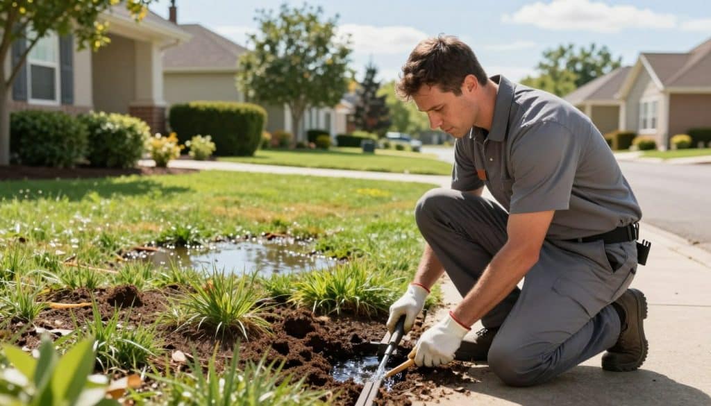 A professional landscape technician in a smart casual outfit examining a problem area in a residential yard. The foreground features the technician kneeling by a drain, using tools to assess water flow and soil condition. In the middle ground, there are visible patches of soggy grass and a small puddle indicating drainage issues, while the background shows a suburban home with neatly trimmed shrubs and trees under a bright blue sky. Natural sunlight casts soft shadows, enhancing the clarity of the scene. The atmosphere is focused and problem-solving, illustrating the process of diagnosing yard drainage problems with an emphasis on professional expertise and practical solutions.