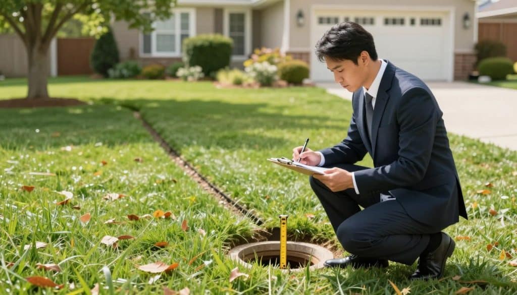 A professional yard drainage assessment scene featuring a landscape technician inspecting a residential yard. In the foreground, the technician, dressed in smart business attire, kneels by a drainage inlet, using a clipboard and measuring tools. In the middle ground, freshly cut grass and scattered leaves provide a natural setting, while a small drainage channel can be seen running across the yard. The background includes a suburban home with a well-maintained garden, and trees softly framing the scene. The lighting is bright and natural, suggesting a sunny day, creating a clear atmosphere conducive to home inspections. The angle is slightly elevated to capture both the technician's actions and the overall yard layout, emphasizing the importance of proper drainage solutions.