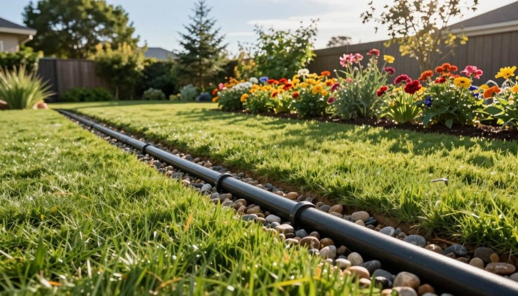 A serene backyard scene showcasing an efficient yard drainage system in action. In the foreground, there are well-maintained drainage pipes directing water away from a lush green lawn, with small pebbles and grass lining the drainage trench. In the middle ground, highlight a gentle slope of the yard leading to a vibrant flower bed, illustrating the effective design for water away functionality. The background features a clear blue sky and trees gently swaying, evoking a calm and functional outdoor environment. Soft, natural sunlight filters through the trees, creating a warm and inviting atmosphere. Capture this scene from a slightly elevated angle with a wide lens to encompass the entire layout of the drainage system, emphasizing its practicality and aesthetic appeal.