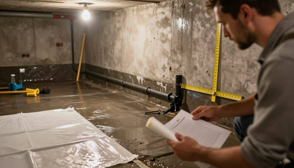A close-up view of a basement under renovation, highlighting key waterproofing factors. In the foreground, a professional contractor in modest casual attire inspects various waterproofing materials like sealants and membranes, while measuring dampness on the walls. The middle ground features exposed concrete walls with visible drainage systems being installed, showcasing essential elements such as sump pumps and French drains. The background captures dimly lit, yet focused areas with tools and water damage visible, emphasizing the need for waterproofing. Soft, warm light filters in from a single overhead bulb, creating a practical and serious atmosphere that conveys the importance of protecting basements from water intrusion.