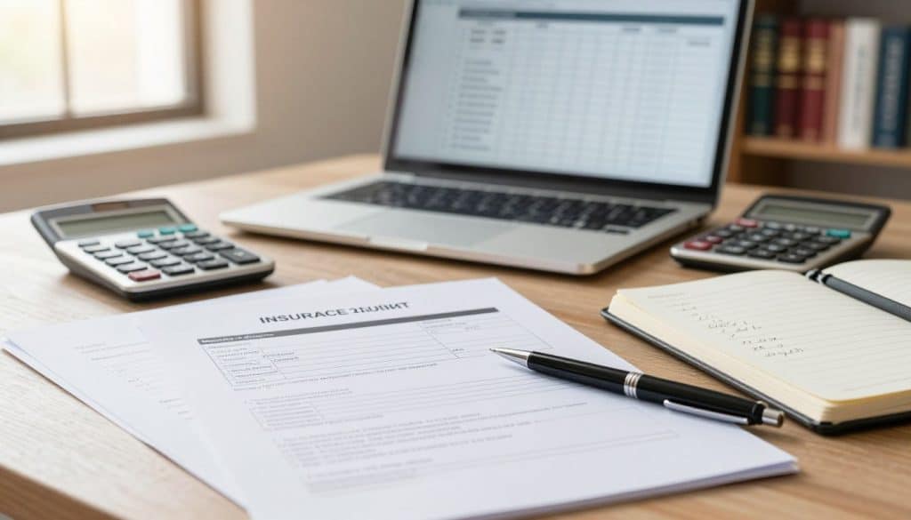 A close-up view of a neatly organized desk strewn with claim documentation related to foundation repair. In the foreground, a stack of completed forms and an official insurance claim letter, all printed on crisp white paper. Additionally, there's a sleek black pen lying next to an open notebook with handwritten notes. In the middle ground, a laptop displays a detailed checklist for filing claims, and a calculator sits beside it. The background features a softly blurred bookshelf filled with legal and insurance books, bathed in warm, natural light coming through a window, creating an inviting and professional workspace atmosphere. The overall mood is focused and diligent, conveying the seriousness and importance of the claim process.