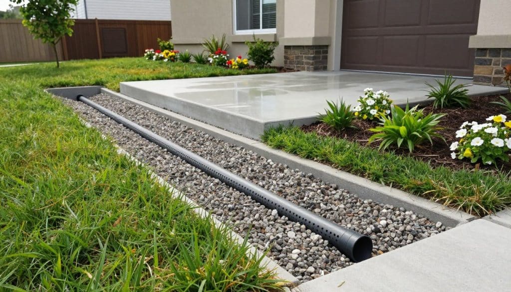 A detailed exterior drainage system in a residential setting, showcasing a well-designed landscape. In the foreground, highlight a gravel drainage trench with perforated pipes, surrounded by lush grass and flower beds. The middle ground features a slightly sloped yard, leading down to a polished concrete foundation, illustrating effective grading to divert rainwater away from the house. In the background, a clear sky casts soft, natural light, adding to the serene ambiance of the scene. Capture the overall atmosphere of a successful exterior drainage solution, emphasizing both functionality and aesthetic appeal. The composition should be shot from a slightly elevated angle to highlight the drainage features effectively while maintaining a clean, professional look without any text or branding elements.