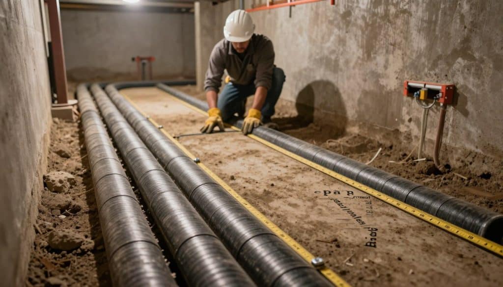 A detailed illustration depicting a section of a basement showing a new drainage system being installed, featuring weeping tile and perimeter drains, positioned along the basement walls. In the foreground, a neatly arranged section of weeping tile is laid out, showing clear measurement markings indicating pricing "per linear foot." The middle ground focuses on a professional contractor in a hard hat and work gloves, examining the drainage layout, dressed in modest casual clothing. In the background, faint outlines of a basement structure with dim but warm lighting create a safe and confident atmosphere. The angle captures the installation process from a slightly elevated perspective, providing depth and emphasizing the precision involved in waterproofing solutions. Overall, the mood is informative and technical, highlighting the importance of basement waterproofing.