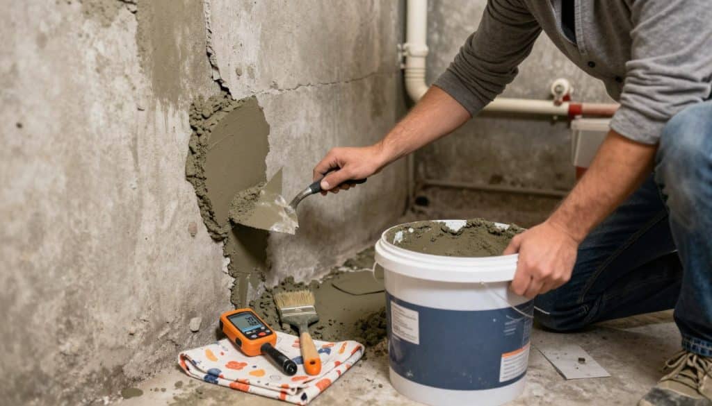 A detailed scene depicting a professional individual in modest casual clothing diligently repairing a leaking basement wall. The foreground shows the person using a trowel and a bucket of cement, focused on applying repair materials to a damp, cracked section of the concrete wall. In the middle, various tools such as a moisture meter, a paintbrush, and a patterned drop cloth are arranged neatly on the ground, indicating a DIY approach. The background reveals a dimly lit basement with exposed plumbing along the walls, showcasing signs of water damage and moisture. Soft, warm lighting enhances the atmosphere of the busy yet determined workspace, aimed at conveying a sense of hope and proactive maintenance. The angle captures both the worker's focus and the workspace to illustrate effective DIY repairs.