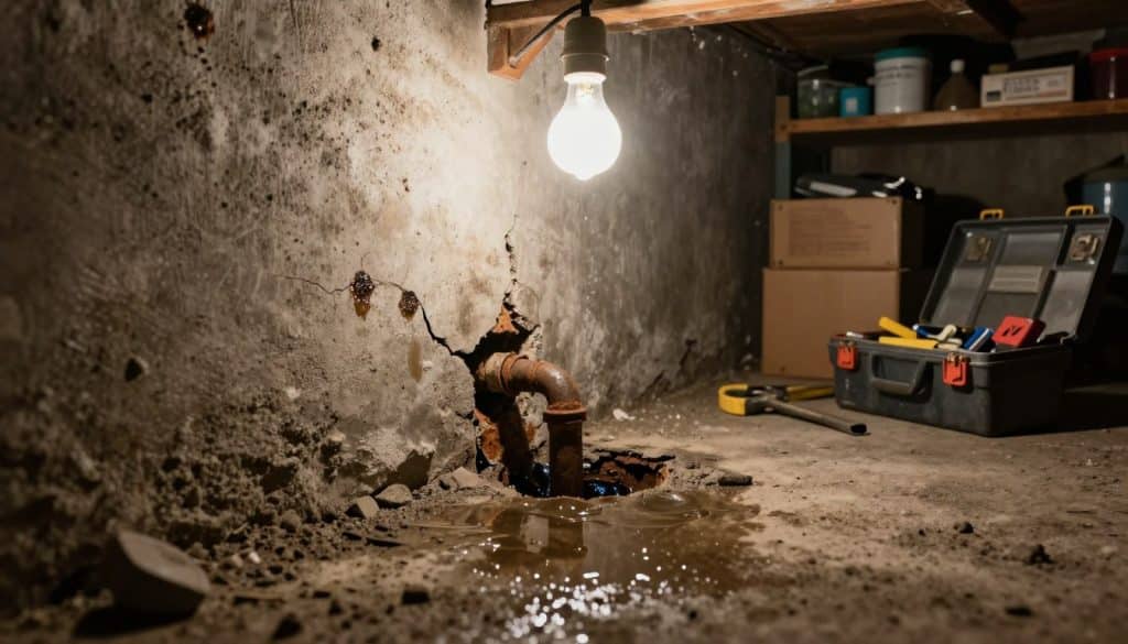 A dimly lit basement showcasing a visible leak source where water seeps through a cracked concrete wall. In the foreground, a puddle of water collects on the uneven, dusty floor, reflecting the subtle light from a nearby flickering bulb. In the middle, focus on the cracked wall with damp spots and rusted pipes exposed, hinting at the moisture issue. To enhance realism, include a toolbox with various plumbing tools resting on a workbench to the side. The background features shelves loaded with old boxes and household items, creating a slightly cluttered, lived-in feel. The atmosphere is tense yet hopeful, as if waiting for a solution. Use a wide-angle lens perspective to capture the entire scene, emphasizing the leak’s urgency.