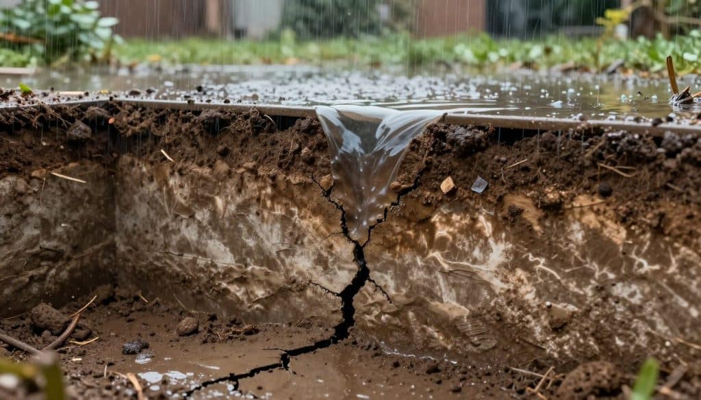 A visually striking cross-sectional view of a basement wall displaying hydrostatic pressure effects. In the foreground, illustrate a single basement wall with visible cracks emerging from the base, indicating areas where water seeps through. The middle ground features a water table, with soil layers above and below, demonstrating how groundwater interacts with the wall. In the background, depict a flooded exterior yard to signify heavy rainfall. Use soft, natural lighting to emphasize the moisture content in the soil while casting subtle shadows to create depth. The mood should evoke a sense of urgency and awareness towards the importance of understanding water pressure in basement leaks. Focus closely on the textures of the wall and the soil for a detailed, educational illustration.