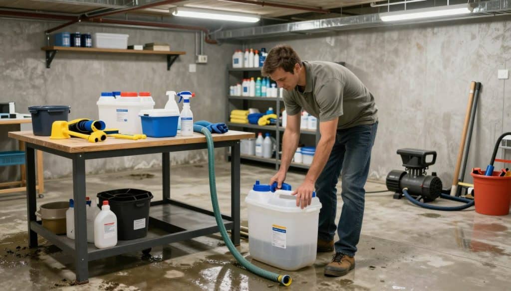 A well-lit basement scene, showcasing a safe and organized environment for repairing water damage. In the foreground, a professional in modest casual clothing examines leak-proof containers and drainage tools on a sturdy workbench. In the middle, there are visible damp areas on the concrete floor, along with drainage solutions like sump pumps and hoses, illustrating proactive safety measures. The background features shelves stocked with cleaning supplies and protective gear, such as gloves and goggles, emphasizing safety in the space. Soft, diffused lighting highlights the practical organization of the area, creating a sense of readiness and professionalism. The atmosphere is calm and industrious, reflecting the importance of safety before beginning repairs.