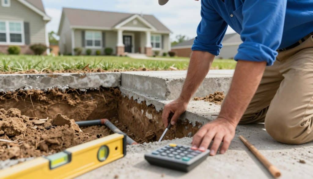 A close-up view of a foundation repair scene, showcasing a professional contractor in a blue shirt and khaki pants inspecting a section of a house's concrete foundation. In the foreground, tools like a level and calculator are neatly arranged on the ground. The middle layer displays a partially excavated trench revealing soil and drainage pipes, with visible cracks in the foundation wall. In the background, a suburban home is featured with green grass and clear blue skies, creating a bright and optimistic atmosphere. Soft natural lighting highlights the textures of the concrete and soil, while the angle is slightly tilted to draw attention to the repair process, conveying a sense of diligence and professionalism. - will insurance cover foundation repair