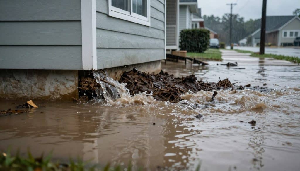 A close-up view of a home's foundation surrounded by significant flooding and ponding water after a heavy rainstorm. In the foreground, water pools against the base of the house, reflecting the sky's grey clouds. The middle ground shows saturated soil and debris swept against the foundation, with visible water droplets and small waves caused by the rain. In the background, a row of storm drains situated along a sidewalk is partially submerged, hinting at the overwhelmed drainage system. The lighting is moody and overcast, emphasizing the sense of urgency and concern, with a low angle to capture the dramatic impact of the flood on the home's exterior. The overall atmosphere is one of impending danger, highlighting the challenges homeowners face during heavy rain events.