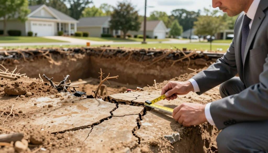 A close-up view of a residential foundation showing signs of distress, with visible cracks and uneven settling. In the foreground, an expert in professional business attire inspects the foundation, holding a measuring tool to assess damage. The middle ground features a partially dug trench revealing drainage issues and roots intermingled with earth. The backdrop captures a suburban neighborhood in Atlanta, showcasing houses with lush greenery, under a bright, sunny sky to evoke a sense of urgency and awareness. The lighting is soft yet direct, highlighting cracks and imperfections in the foundation while casting slight shadows for depth. The atmosphere conveys a mix of concern and professionalism, urging vigilance in identifying foundation problems early.
