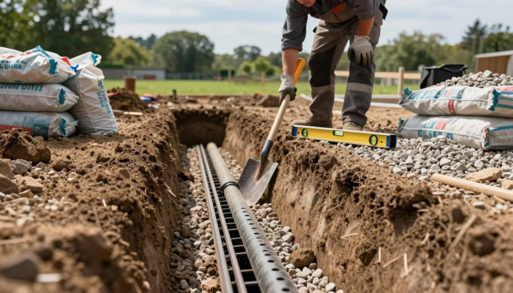 A detailed construction scene showcasing a French drain installation. In the foreground, a partially dug trench lined with gravel, with perforated pipes visible at the bottom. A worker, dressed in durable work attire and gloves, stands nearby examining the layout with a focused expression. In the middle ground, tools such as a shovel and a level are placed next to the trench, while additional gravel bags are stacked to one side. The background features a green lawn with trees and a clear blue sky, creating a serene atmosphere. Soft, natural lighting highlights the textures of the soil and gravel, while a slight depth of field blurs the background, drawing attention to the installation process. - how deep french drain should be