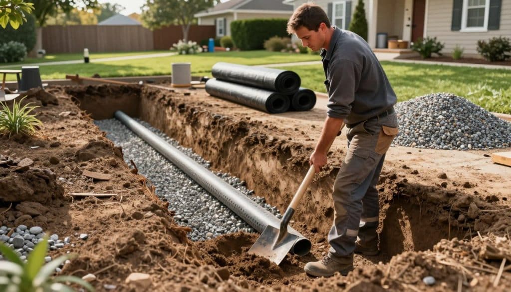 A detailed illustration of an exterior French drain installation, showcasing a worksite in a suburban setting. In the foreground, a skilled contractor in professional work attire is carefully digging a trench with a shovel, revealing the gravel and perforated pipe. The middle ground features various materials, including rolls of drainage fabric and piles of gravel, neatly arranged for the installation. In the background, a well-maintained lawn with trees under soft natural light emphasizes the residential environment. The scene captures a mid-afternoon atmosphere, with gentle shadows indicating the sun's position. The angle is slightly elevated, providing a comprehensive view of the installation process while ensuring the focus remains on the drainage work without any distractions.