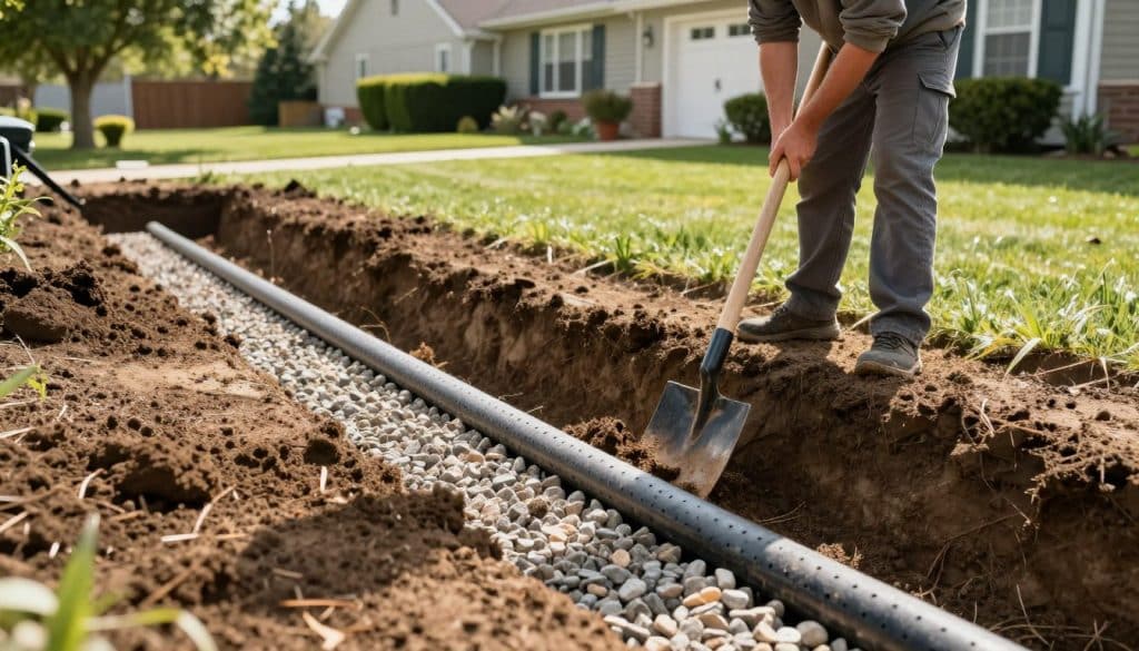 A detailed scene depicting the installation of a French drain in a residential yard. In the foreground, a professional installer in modest casual clothing uses a shovel to excavate a trench. The middle ground features a partially-installed French drain with perforated piping placed within gravel, showcasing the layers of materials used. In the background, a suburban home is visible with a well-manicured lawn, while trees and hedges frame the scene. The lighting is bright and natural, suggesting mid-morning, casting soft shadows and highlighting the texture of the soil and gravel. The overall mood is informative and practical, centered on the process of home landscaping and drainage solutions.