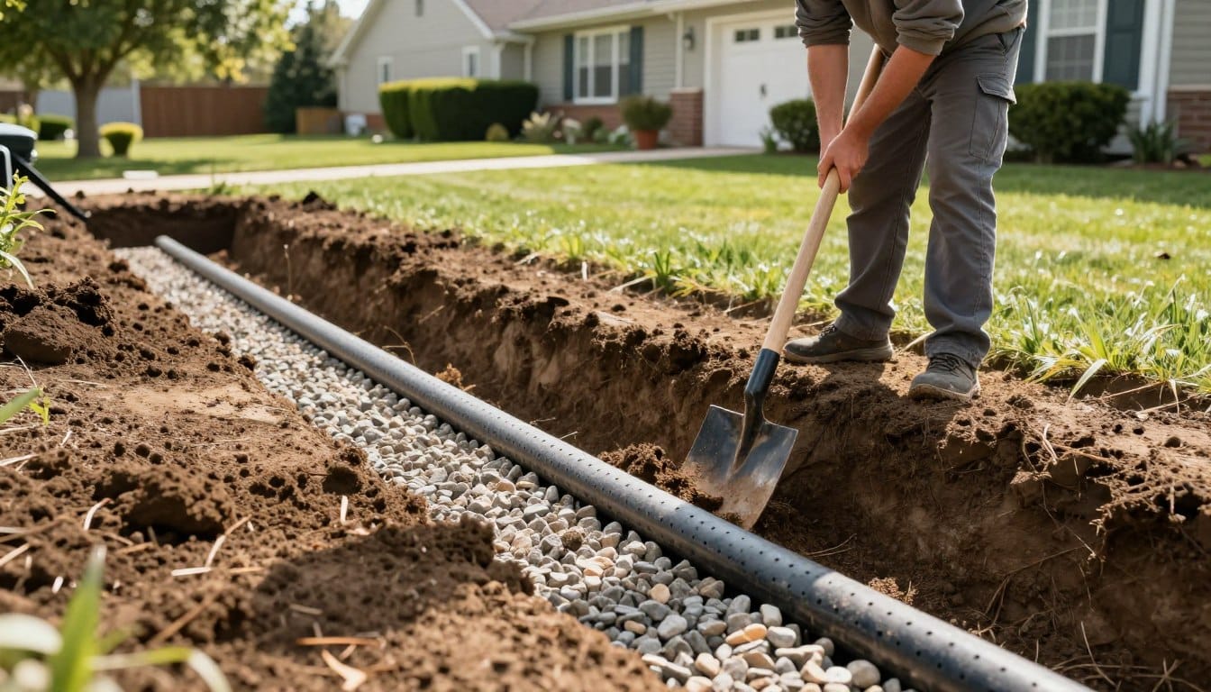 A detailed scene depicting the installation of a French drain in a residential yard. In the foreground, a professional installer in modest casual clothing uses a shovel to excavate a trench. The middle ground features a partially-installed French drain with perforated piping placed within gravel, showcasing the layers of materials used. In the background, a suburban home is visible with a well-manicured lawn, while trees and hedges frame the scene. The lighting is bright and natural, suggesting mid-morning, casting soft shadows and highlighting the texture of the soil and gravel. The overall mood is informative and practical, centered on the process of home landscaping and drainage solutions. French Drain Lithia Springs GA