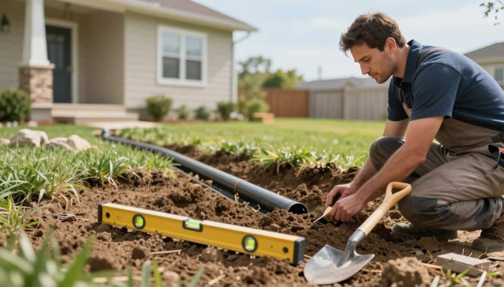 A professional contractor examining a residential foundation with exterior drainage solutions in focus. In the foreground, there are tools like a level and a shovel laid out on a patch of freshly dug earth. In the middle, show the foundation of a house with visible drainage pipes and grading that directs water away, surrounded by lush green grass and some small rocks. In the background, depict a clear blue sky with soft, natural lighting illuminating the scene, creating a sense of optimism and diligence. The atmosphere is calm and focused, emphasizing the importance of proper drainage in protecting the foundation. Capture this through a medium depth of field, enhancing details in the foreground while softly blurring the background.