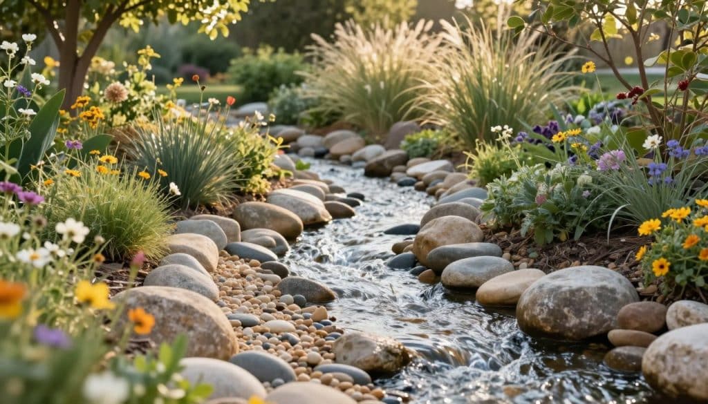 A serene dry creek bed meanders through a lush garden, showcasing smooth, rounded stones and sandy pebbles that form a natural waterway. In the foreground, vibrant wildflowers bloom along the banks, adding splashes of color. The middle ground features the meandering creek bed, bordered by carefully arranged stones and native plants that enhance drainage while looking aesthetically pleasing. In the background, tall grasses sway gently, with dappled sunlight filtering through leafy trees, casting a warm glow over the scene. The perspective is slightly elevated, with a focus on the water flow design, capturing the peaceful atmosphere of a well-planned landscape. The mood is tranquil and inviting, ideal for illustrating an outdoor solution for effective stormwater management, with no people present.