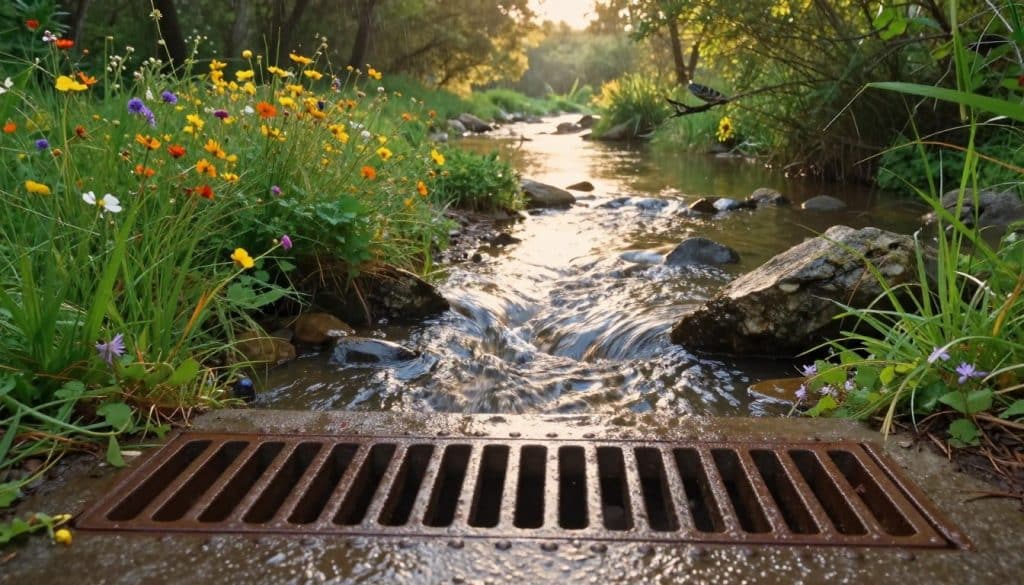 A serene landscape illustrating the journey of rainwater, transitioning from a storm drain grate in the foreground to a gentle stream in the background. In the foreground, depict a well-maintained, metallic storm drain grate with rivets glistening from recent rain. The middle should show a meandering path of clear rainwater flowing over smooth stones and through lush greenery, surrounded by vibrant wildflowers. The background features a tranquil stream, reflecting soft sunlight filtering through tree canopies, with birds perched along the water's edge. The lighting is warm and inviting, creating a peaceful atmosphere. Use a wide-angle lens to capture the flowing water's movement and depth, enhancing the feeling of a natural journey from urban to nature.