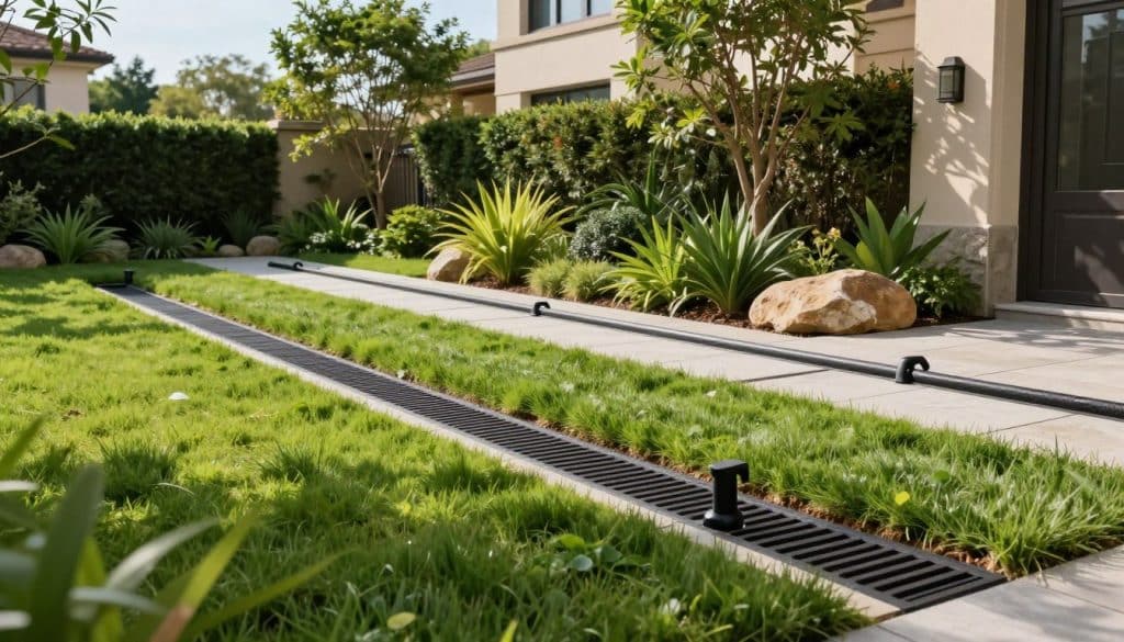 A serene residential backyard scene depicting effective drainage solutions. In the foreground, a well-manicured lawn with strategically placed drainage grates and rain gardens, showcasing lush green plants and decorative stones. The middle layer features a modern, professionally installed drainage system with visible pipes seamlessly integrated into the landscape. In the background, trees and a clear blue sky create a tranquil atmosphere. Soft, natural daylight illuminates the scene, casting gentle shadows that highlight the textures of the grass and drainage features. The angle captures a slightly elevated perspective, emphasizing the layout and flow of water towards the drainage installations. The overall mood is one of harmony, cleanliness, and proactive home maintenance, illustrating the importance of outdoor drainage solutions.