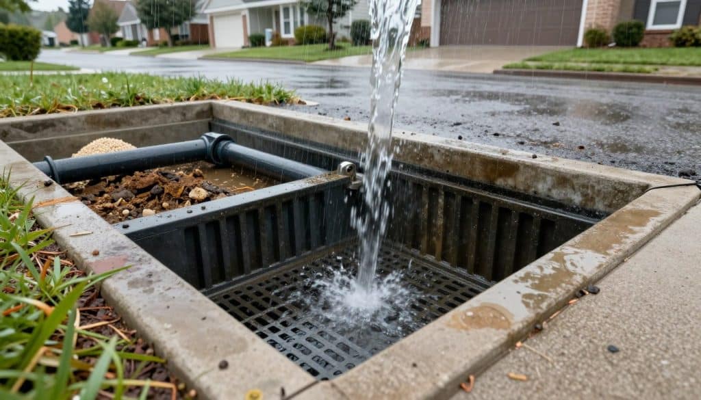 A detailed illustration of catch basin components designed for effective water runoff management. In the foreground, focus on the catch basin itself, showcasing its grating and side walls, with visible water and debris. The middle ground features a cross-section of drainage pipes and a variety of sediments being filtered. In the background, depict a suburban landscape with rainwater pouring down from a sloped driveway into the catch basin. Use natural daylight to highlight the textures of the materials, creating a realistic depiction. The atmosphere should be informative and technical, suggesting efficiency and practicality in stormwater management. Capture the scene from a slightly elevated angle to provide a comprehensive view of the basin's functionality.