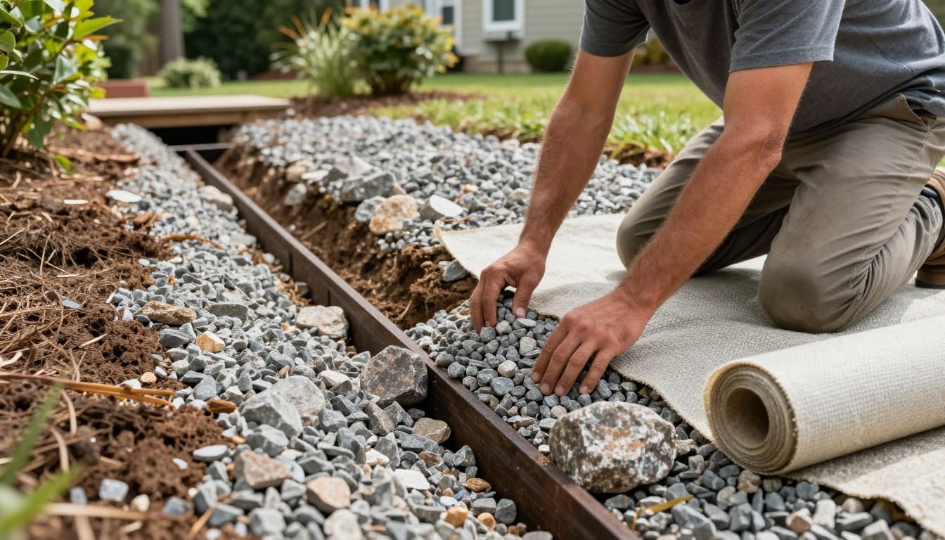 A detailed scene depicting the process of installing a French drain without pipes, featuring gravel, rock, and landscape fabric. In the foreground, a skilled worker in modest casual clothing kneels down, carefully layering gravel and rocks to create a trench in a residential backyard. In the middle ground, a partially dug trench is visible, showcasing the layered materials. To the side, a roll of landscape fabric lies waiting to be placed. The background includes greenery typical of a Metro Atlanta backyard, with trees and shrubs. The lighting is bright and natural, casting soft shadows, as if it’s midday. The mood conveys a sense of purpose and professionalism, capturing the essence of effective drainage solutions. The angle is slightly elevated, offering a clear view of the worker's actions and the structure of the drain. French Drain Jasper GA