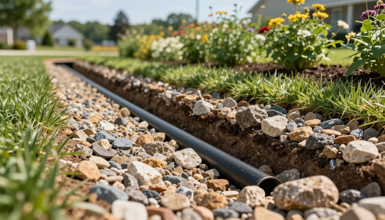 A detailed view of a French drain without a pipe, set in a suburban landscape typical of Metro Atlanta. In the foreground, the focus is on a trench filled with layered gravel and a variety of small rocks, showcasing the natural materials used in this drainage solution. The middle ground displays lush green grass and flowering plants alongside the trench, adding a vibrant touch to the scene. In the background, gentle hills under a clear blue sky enhance the tranquil atmosphere. Soft, natural lighting bathes the scene, creating warm highlights on the gravel and plants. The image should evoke a sense of innovation in landscape management, clearly illustrating functionality and aesthetic appeal. French Drain Fairmount GA