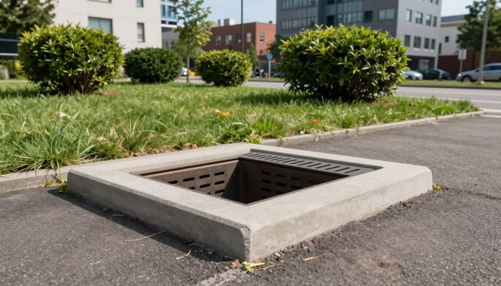 A detailed view of a catch basin, showcasing its rectangular concrete structure with a grating cover, set in a well-maintained urban street environment. In the foreground, the catch basin is surrounded by neatly paved asphalt, emphasizing its functional design. The middle ground features vibrant green grass and neatly trimmed shrubs, suggesting care in urban landscaping. In the background, an array of modern buildings and a clear blue sky create a contrasting backdrop. Soft, natural lighting casts gentle shadows, adding depth and realism. The scene conveys a sense of efficiency and urban planning, illustrating the importance of drainage solutions.