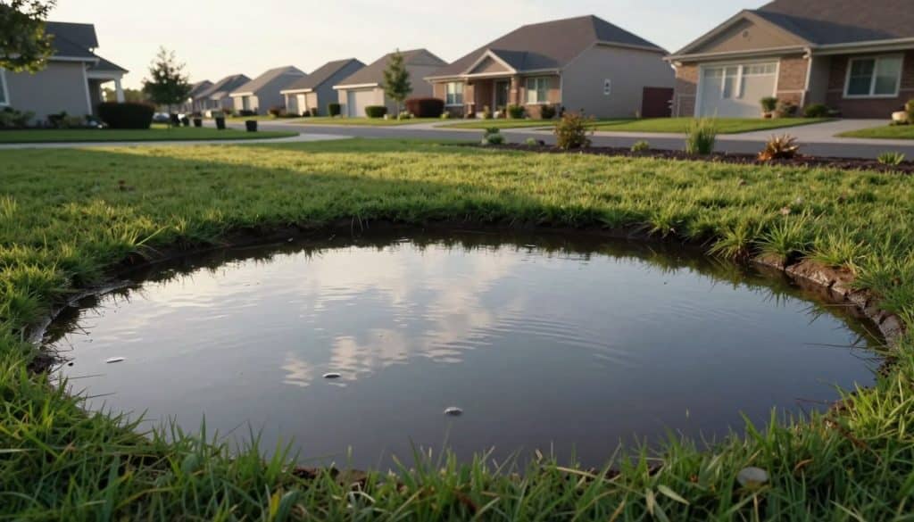 A serene scene of standing water in a suburban yard, illustrating a potential drainage issue. In the foreground, clear water collects in a slight depression, reflecting the sky above. The middle ground features lush green grass and the outline of well-maintained garden beds, indicating a residential area. In the background, a row of modest houses with sloping roofs complements the scene. The lighting is soft and diffuse, suggesting a late afternoon glow, casting gentle shadows across the water. The atmosphere is calm, yet the presence of standing water indicates a need for drainage solutions, evoking a sense of urgency and awareness. The angle is slightly elevated, providing a comprehensive view of the property without human subjects or distractions.