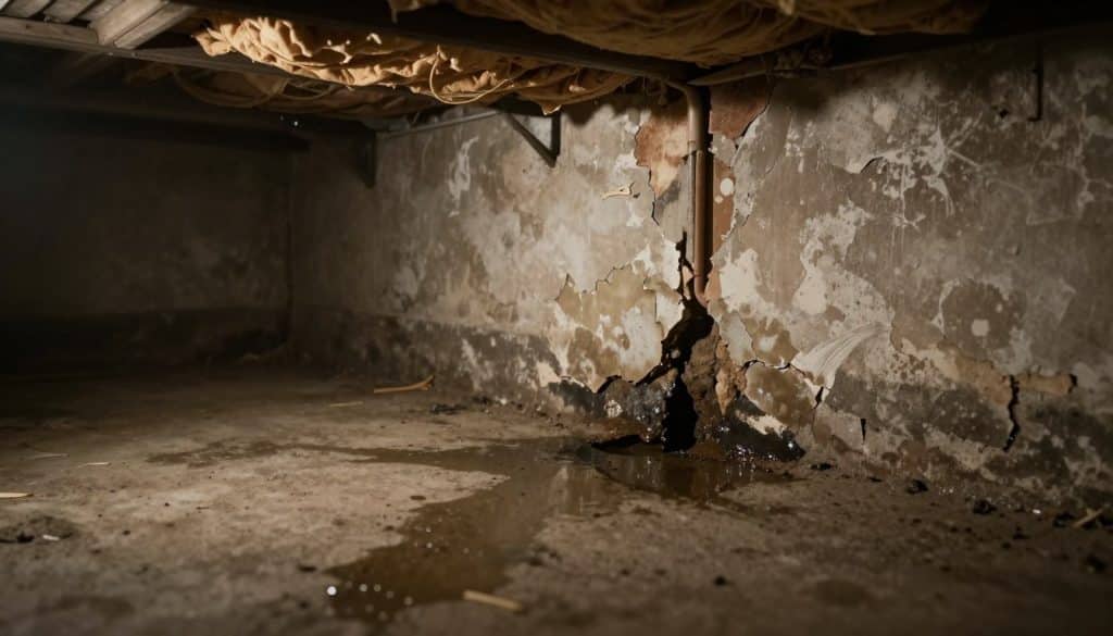 A dimly lit basement showing signs of water leaks, highlighting the source of the problem. In the foreground, water stains are visible on the concrete floor and walls, with small puddles forming in the corners. The middle ground features cracked, peeling paint and exposed pipes, emphasizing poor drainage conditions. The background reveals a low ceiling with insulation hanging loosely, creating a sense of neglect. Soft, eerie lighting creates shadows that enhance the mood of dampness and urgency. The view is from a low angle, focusing on the deteriorating foundation. The atmosphere is tense, reflecting the impacts of basement leaks in homes. No people are present in the scene, ensuring a professional and clean aesthetic, suitable for informative purposes. - how to fix a leaking basement